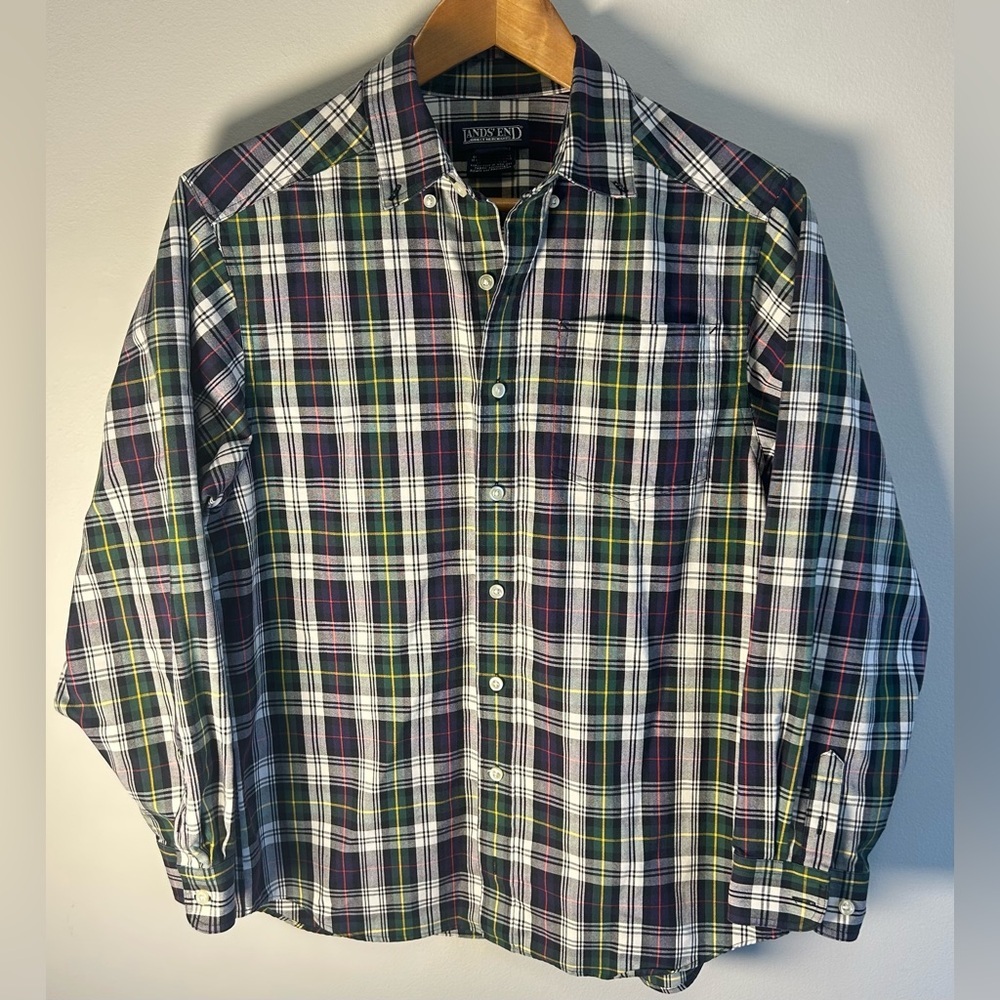 Vintage Lands End Long Sleeve Blue Plaid Button Up Shirt Size L 14-16 NWOT